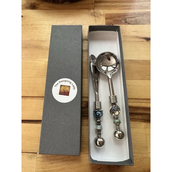 Elegent Beaded Sugar Spoon Hand Painted With Matching Cheese Spreader - Picture 1 of 3
